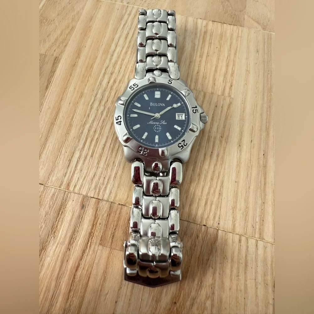Bulova marine star navy blue dial stainless steel watch NEW BATTERY